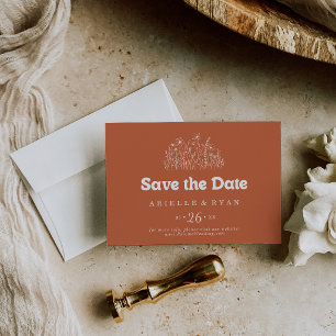 Minimale Terrakotta-Wildblumen-Hochzeitshorizontal Save The Date