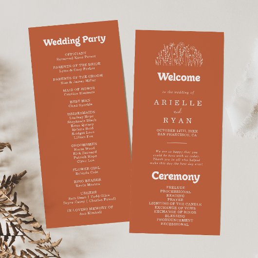 Minimale Terrakotta-Wildblumen-Hochzeitsprogramm Programm