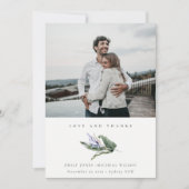 Minimale Tropenleafy Blue Floral Foto Hochzeit Dankeskarte (Vorderseite)