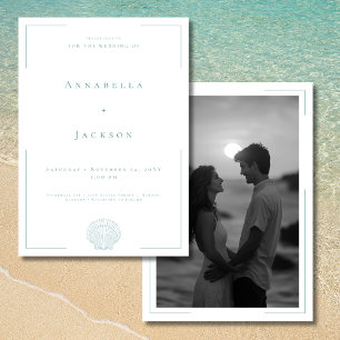 Minimale Typografie Aqua White Muschel Foto Hochze Einladung