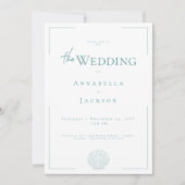 Minimale Typografie Aqua & White Muschel Hochzeit Einladung (Vorderseite)
