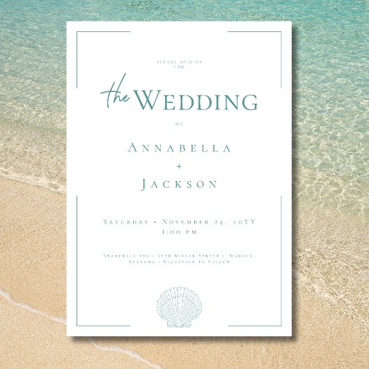 Minimale Typografie Aqua & White Muschel Hochzeit Einladung