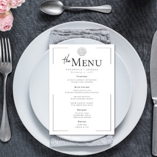 Minimale Typografie Black & White Seashell Wedding Menükarte