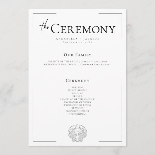Minimale Typografie Black & White Seashell Wedding Programm (Vorderseite)