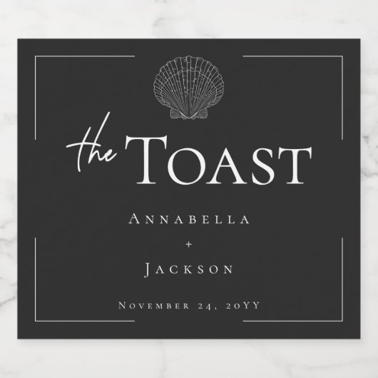 Minimale Typografie Black & White Seashell Wedding Schaumweinetikett (Einzelnes Label)