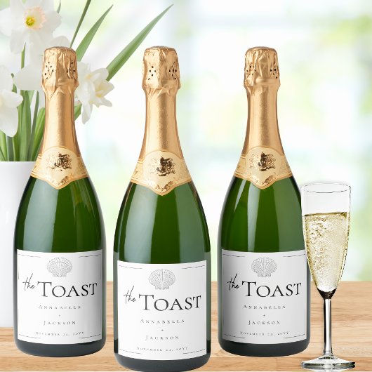 Minimale Typografie Black & White Seashell Wedding Schaumweinetikett