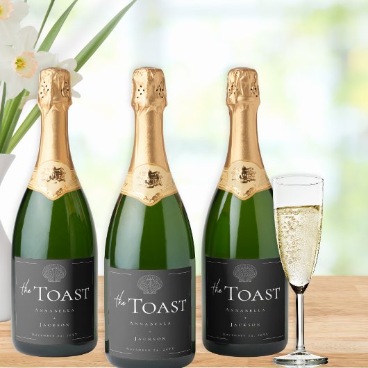 Minimale Typografie Black & White Seashell Wedding Schaumweinetikett