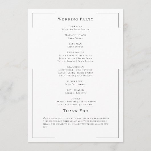 Minimale Typografie Black & White Wedding Programm (Rückseite)