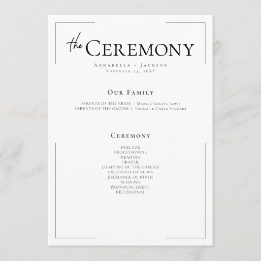 Minimale Typografie Black & White Wedding Programm (Vorderseite)