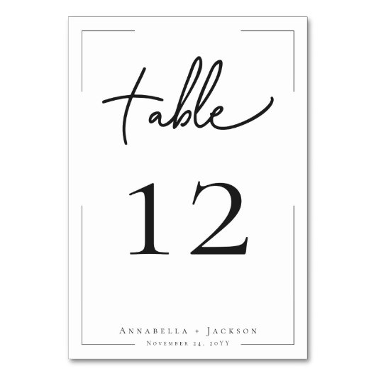 Minimale Typografie Black & White Wedding Tischnummer (Vorderseite)
