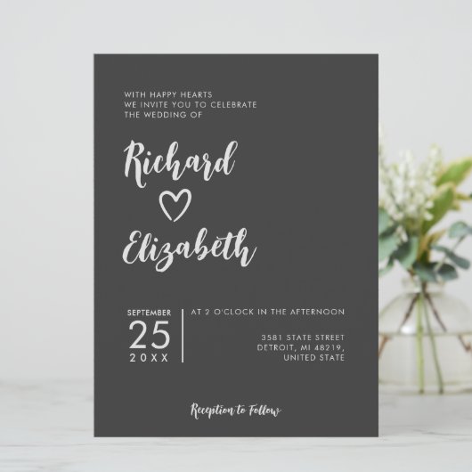 Minimale Typografie Clean Moderne dunkle Hochzeit Einladung (Stehend Vorderseite)