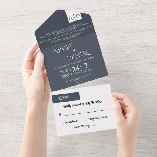 Minimale Typografie Dunkelblauer Chic Moderne Hoch All In One Einladung (Abreißen)