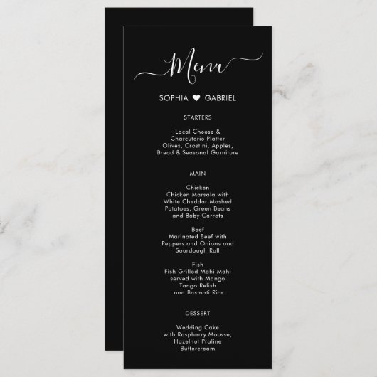 Minimale Typografie Herz Black Wedding Menu Karte (Vorne/Hinten)