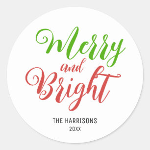 Minimale Typografie Merry & Bright Weihnachten Runder Aufkleber