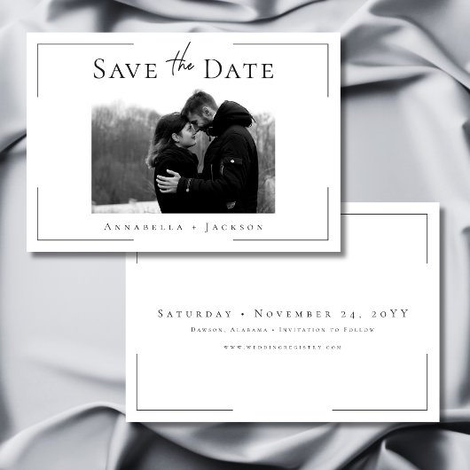 Minimale Typografie Schwarz-Weiß-Foto-Hochzeit Save The Date