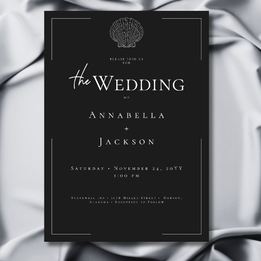 Minimale Typografie Schwarz-Weiß-Muschel Hochzeit Einladung