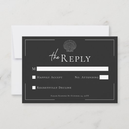 Minimale Typografie Schwarz-Weiß-Muschel Hochzeit RSVP Karte (Vorderseite)