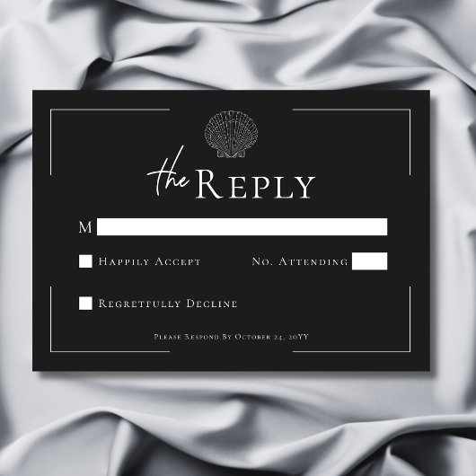 Minimale Typografie Schwarz-Weiß-Muschel Hochzeit RSVP Karte