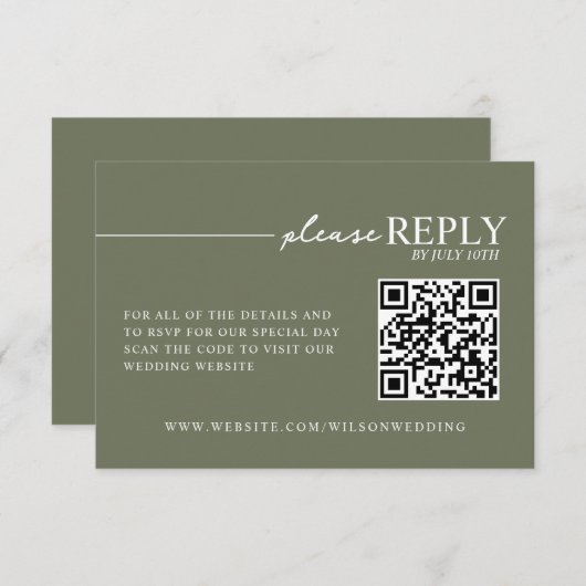 Minimale Typografy Sage Green QR RSVP Karte (Vorne/Hinten)