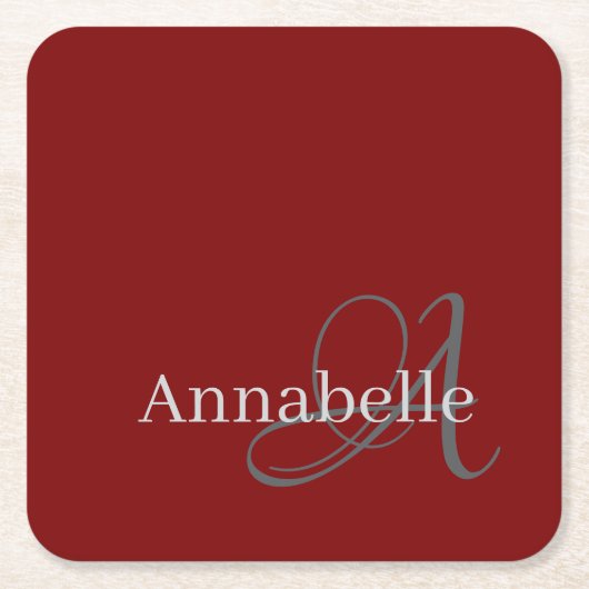 Minimale und einfache rote Monogramm und Name Rechteckiger Pappuntersetzer (Vorderseite)