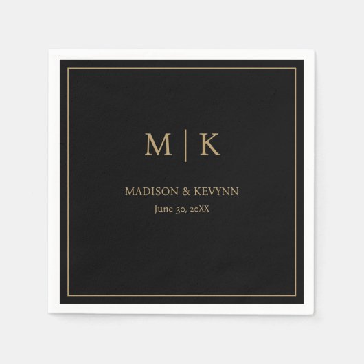 Minimale und elegante Black & Gold Monogram Weddin Serviette (Vorderseite)