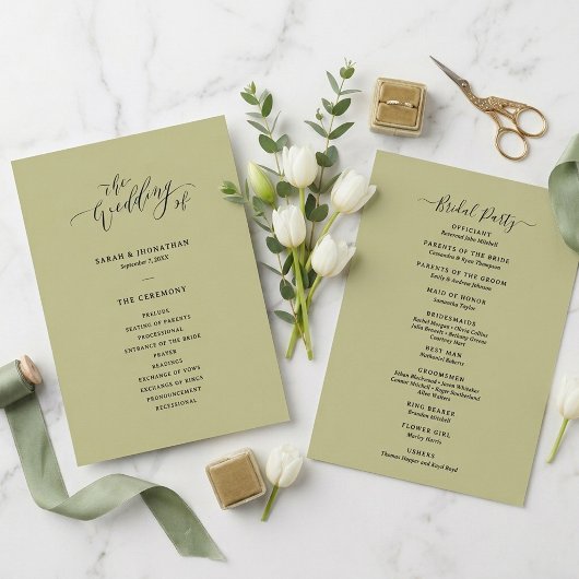 Minimale und schicke salbeigrüne Hochzeit Programm
