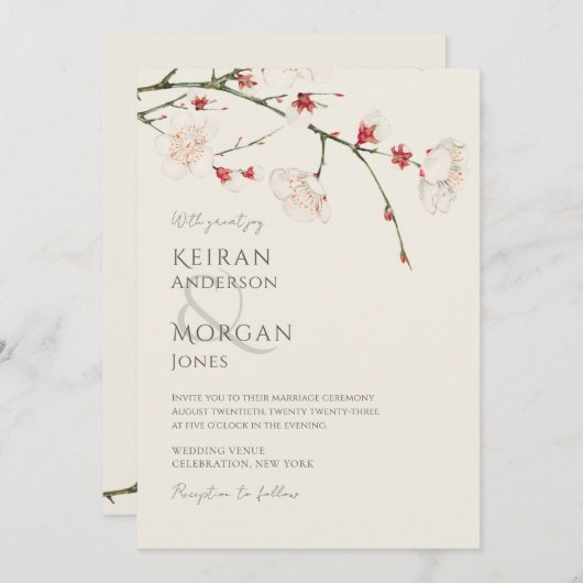Minimale Vintage Cherry Blossom Hochzeit Einladung (Vorne/Hinten)