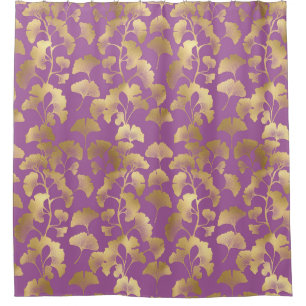 Minimale violette Gold-Ginkgoblatt-Muster Duschvorhang