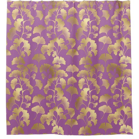 Minimale violette Gold-Ginkgoblatt-Muster Duschvorhang (Vorderseite)