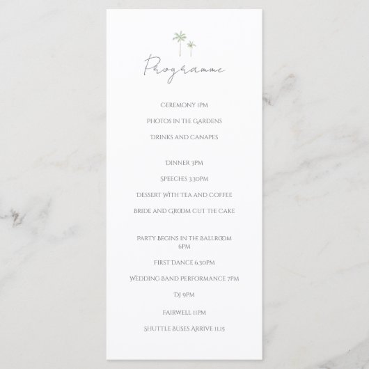 Minimale Wasserfarben-Palmbaum-Hochzeitsprogramm Programm (Vorderseite)