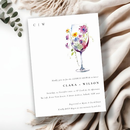 Minimale Wasserfarbenflora Weinglas Coupler Dusche Einladung