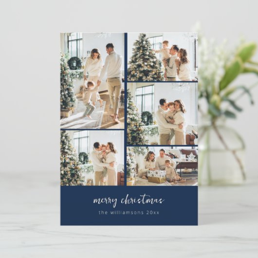Minimale Weihnachts-Script-Fotocollage Navy Feiertagskarte (Stehend Vorderseite)