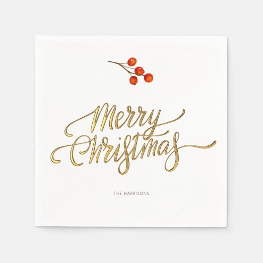 Minimale Weihnachtsfeiertage Gold Foil Holly Branc Serviette (Vorderseite)