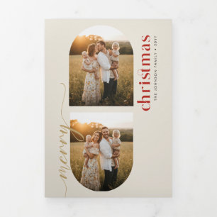 Minimale Weihnachtsfoto-Gold-und-Rot-Familien-Weih Dreifach Gefaltete Urlaubskarte
