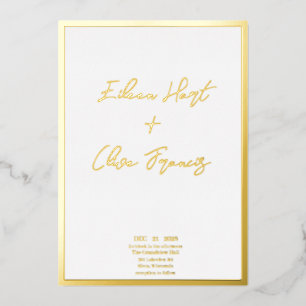 Minimale weiße Goldrand-Typografie-Hochzeit Folieneinladung