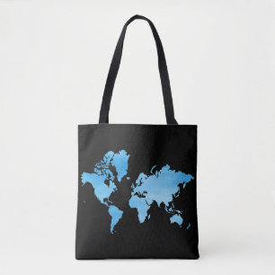 Minimale Weltkarte in Blau Wasserfarben Kunst Tasche