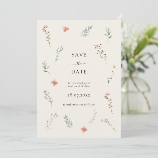 Minimale Wildblume Beige Boho Blumenhochzeit Save The Date (Stehend Vorderseite)