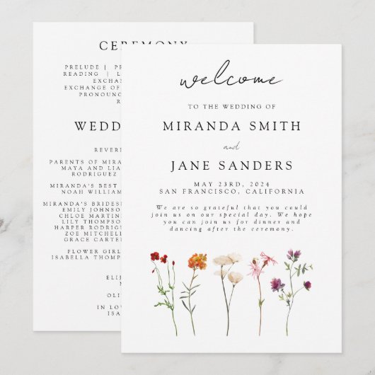 Minimale Wildblume Lesbische Blütenhochzeit Programm (Vorne/Hinten)