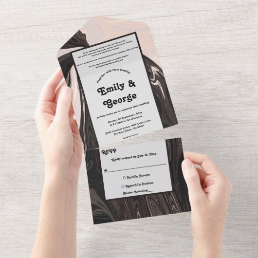 Minimale zeitgenössische Schwarz-Weiß-Hochzeit All In One Einladung (Abreißen)