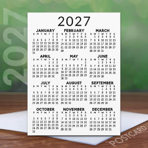 Minimaler 2027-Kalender - Jahresübersicht Schwarz  Postkarte