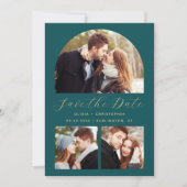 Minimaler 3-Foto-Arch Aquamarin Blue Gold QR Code Save The Date (Vorderseite)
