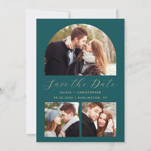Minimaler 3-Foto-Arch Aquamarin Blue Gold QR Code Save The Date (Vorderseite)