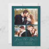 Minimaler 3-Foto Collage Aquamarin Blue Gold QR Co Save The Date (Vorderseite)