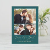 Minimaler 3-Foto Collage Aquamarin Blue Gold QR Co Save The Date (Stehend Vorderseite)