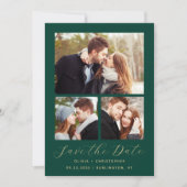 Minimaler 3-Foto Collage Emerald Green Gold QR Cod Save The Date (Vorderseite)