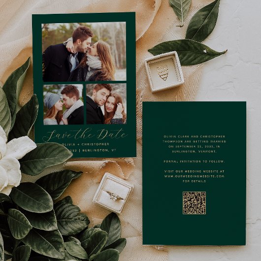 Minimaler 3-Foto Collage Emerald Green Gold QR Cod Save The Date