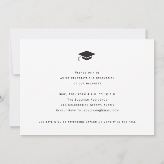 Minimaler Abschluss für Schwarz-Weiß-Cap-Foto Einladung (Rückseite)