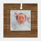 Minimaler Babyname & Geburtsstat Foto Woodgrain Ornament Aus Glas (Rückseite)