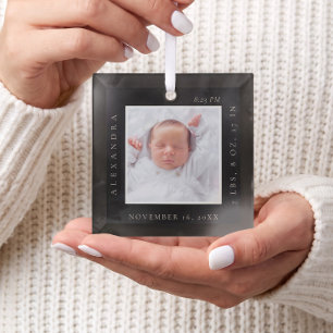Minimaler Babyname Geburtsstats Foto Black Keepake Ornament Aus Glas