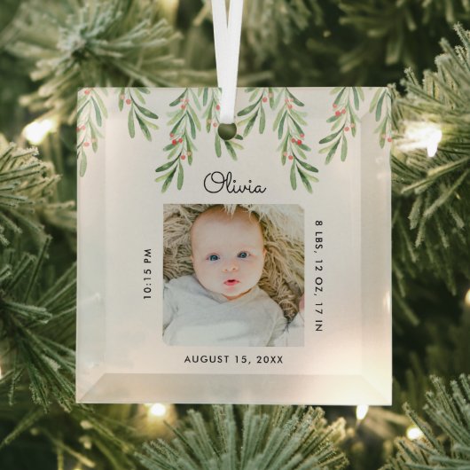 Minimaler Babyname und Geburtsstat Foto Keepake Ornament Aus Glas (Insitu)
